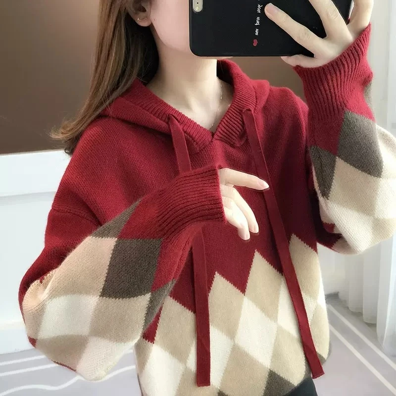 5009气质百搭毛衣针织连帽女新款外搭洋气小个子上衣针织纯色显瘦