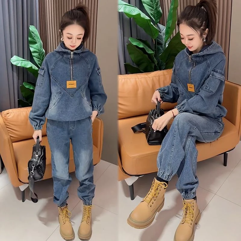 2025连帽春季新款牛仔套装女宽松大码时尚洋气休闲简约高级两件套