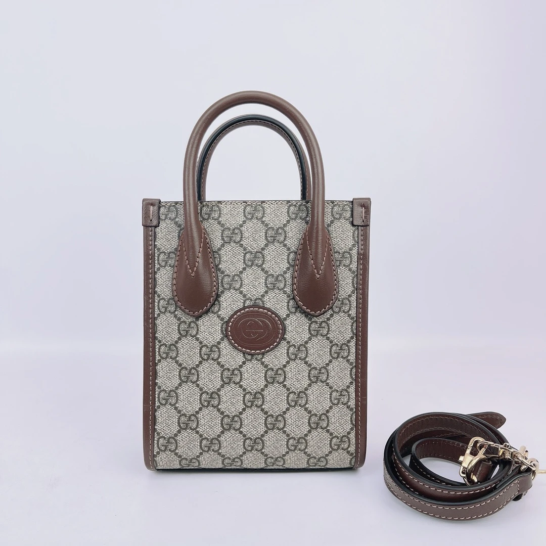 95新 GUCCI/古驰 古驰 棕色老花手提单肩包底长16 D525