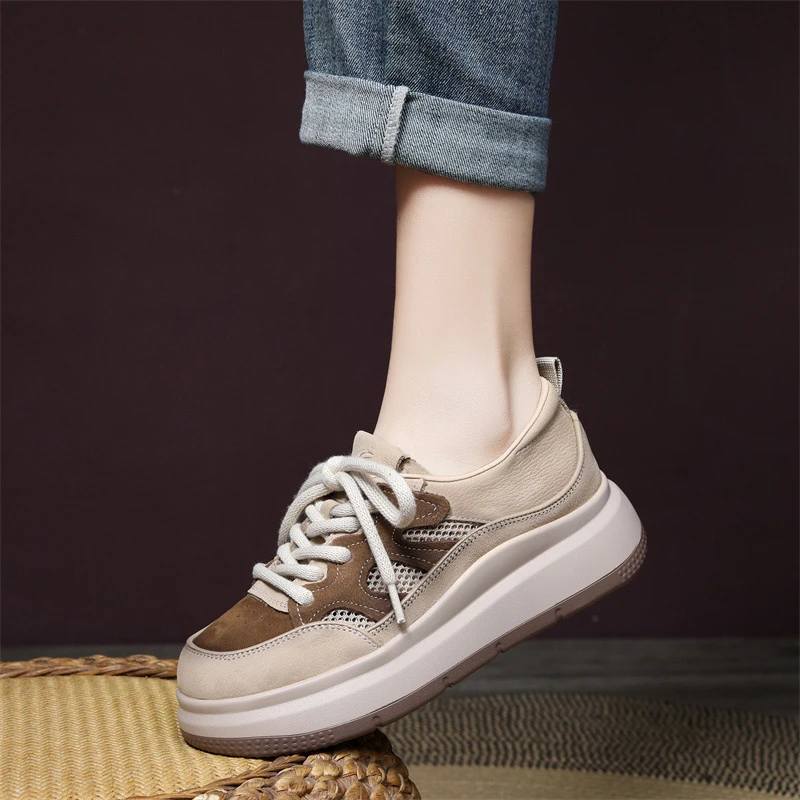 春夏新款25年圆头透气网布拼接头层牛皮吸膜底真皮小白鞋女百搭