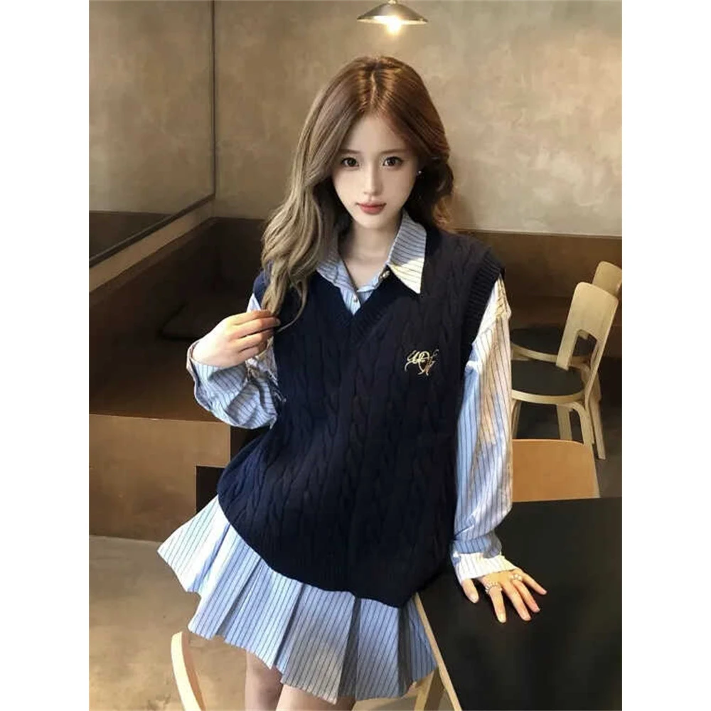 韩系ins时尚校园风条纹衬衫连衣裙子女藏青马甲针织背心两件套装