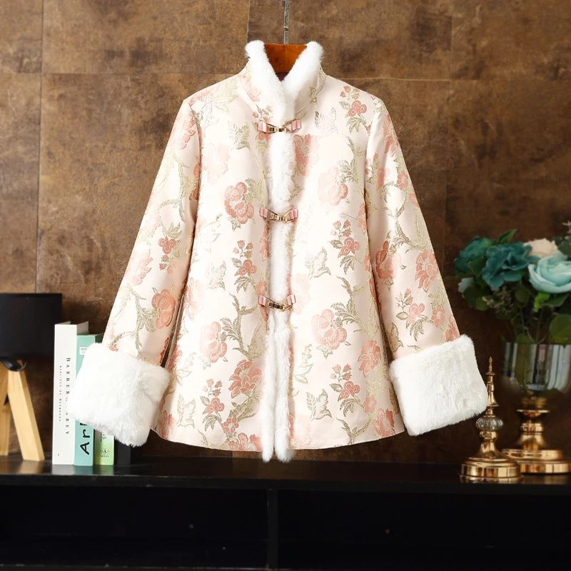 獭兔毛立领直襟棉服冬季夹棉刺绣棉衣新中式织锦缎面棉服金属扣