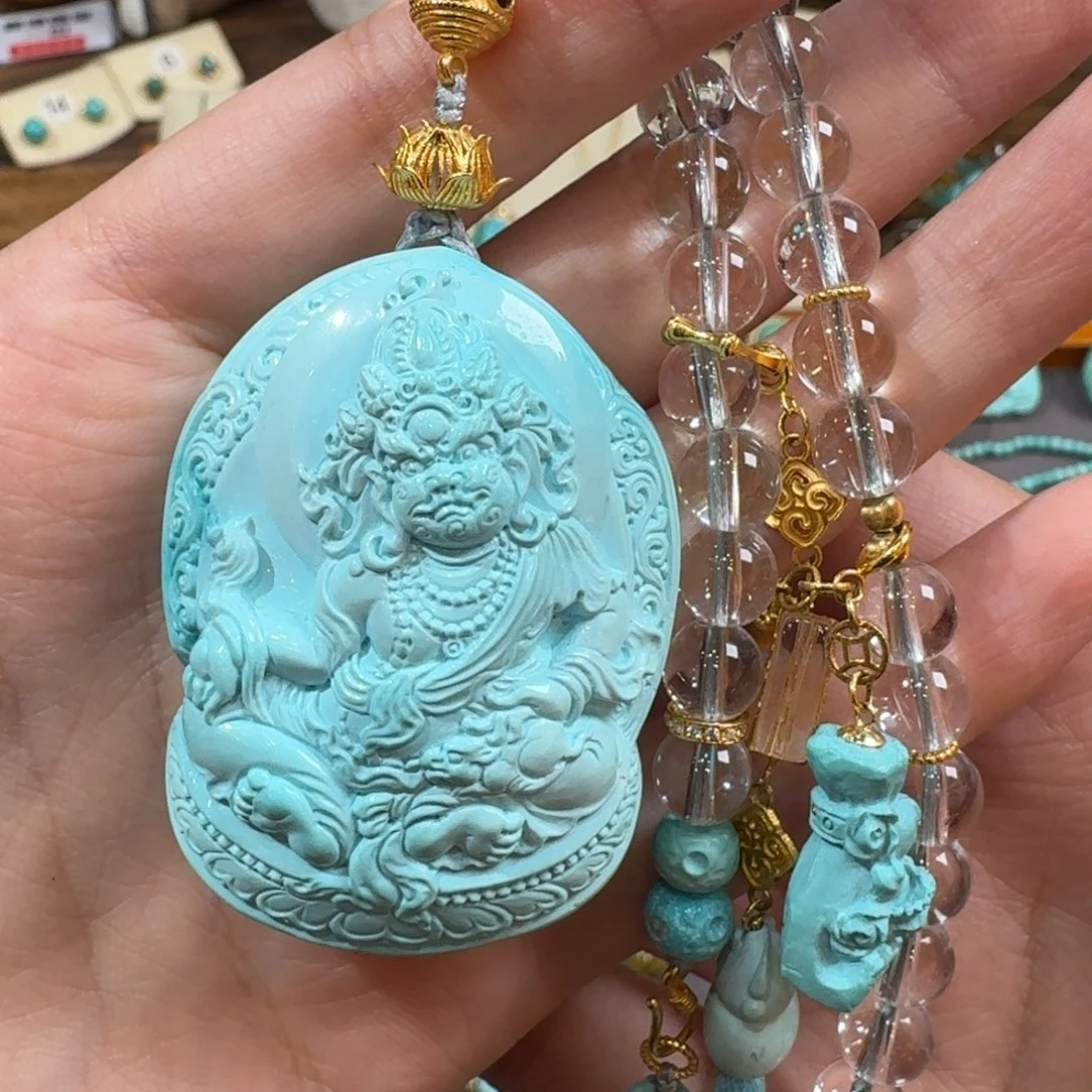 18K金镶嵌绿松石项链黄财神白水晶