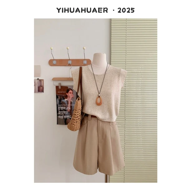 东大门韩国原单韩版简约针织设计感镂空带抽绳百搭气质上衣3436