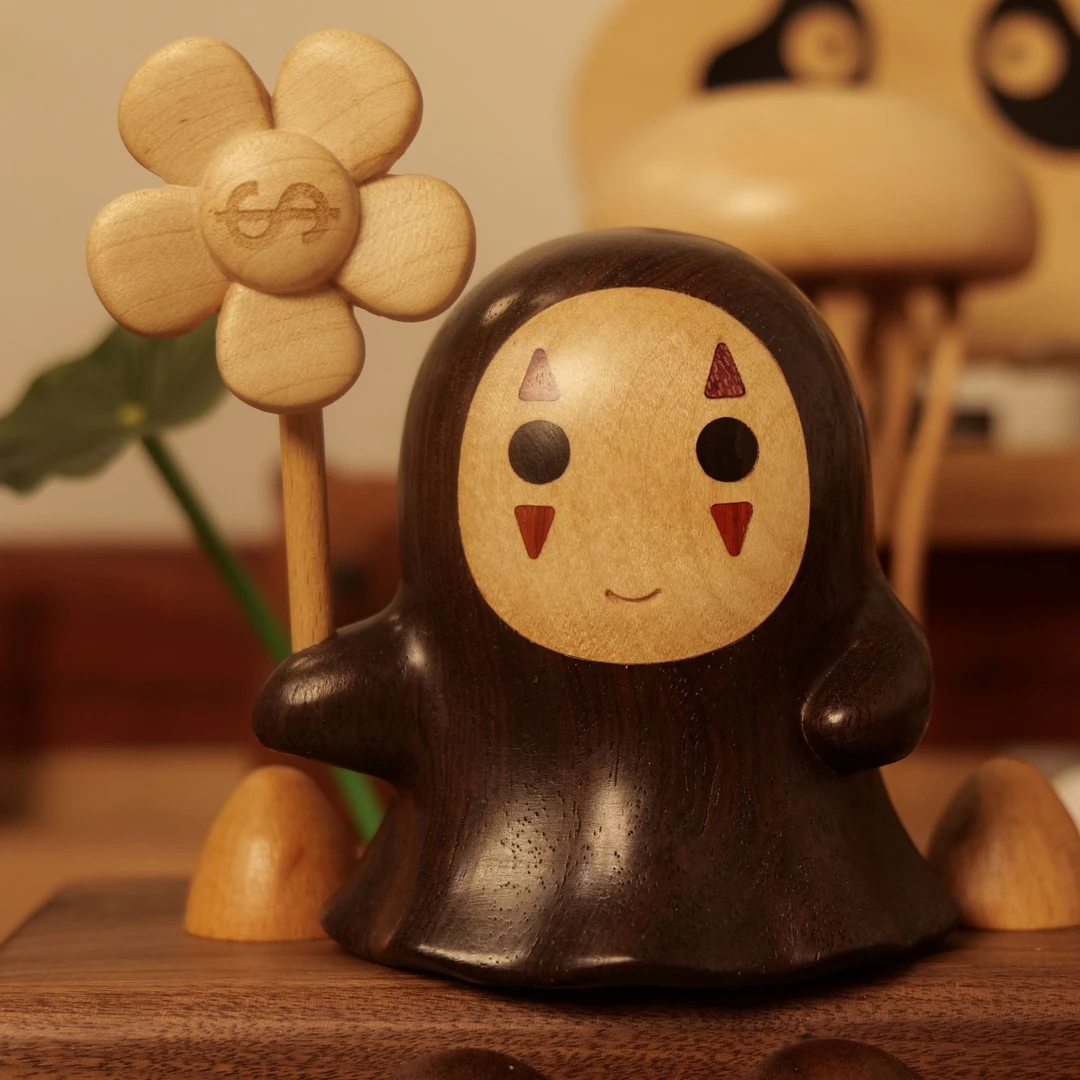 纯实木镶嵌有钱花无脸男桌面摆件生日礼物可爱卡拉