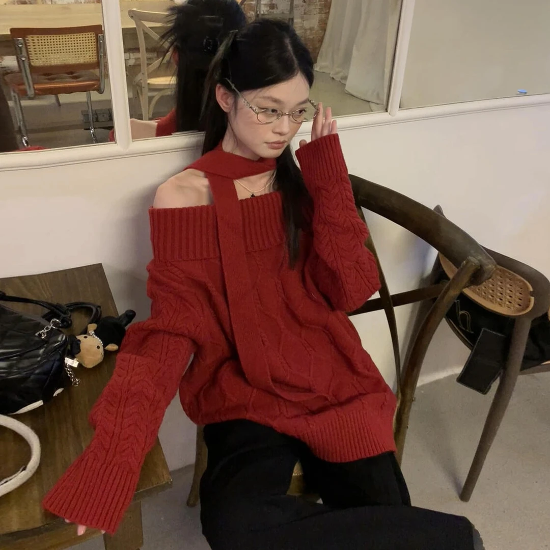 一字肩新年红色毛衣女春秋2025新款超好看加厚针织衫深秋初冬穿搭
