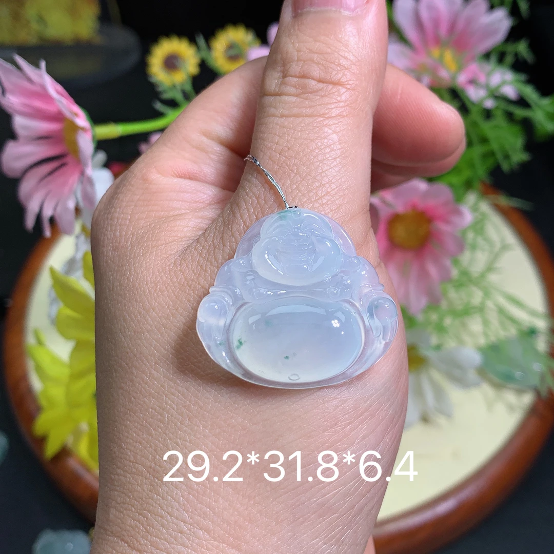 缅甸翡翠A货冰种飘花佛公喜挂件水润百搭精冰气质妈气质妈妈精致