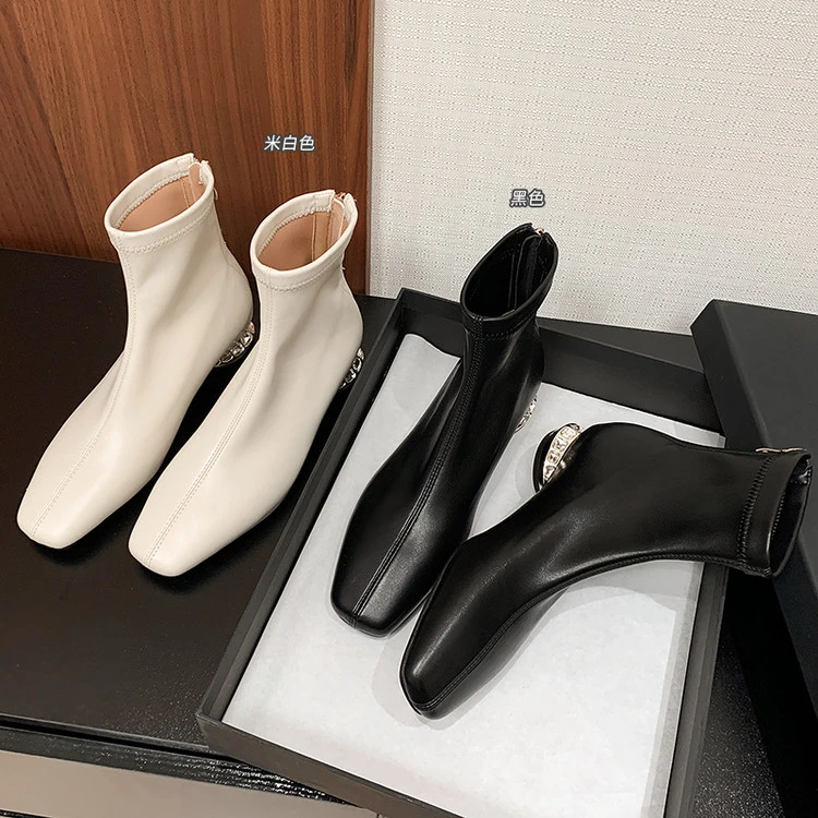 法式绝美方头水钻低跟短靴女2025秋冬新款弹力瘦瘦靴子显瘦高级感