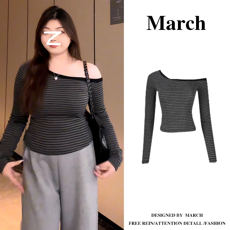 大码斜肩条纹长袖T恤女2025早春款胖mm收腰修身显瘦打底上衣10967