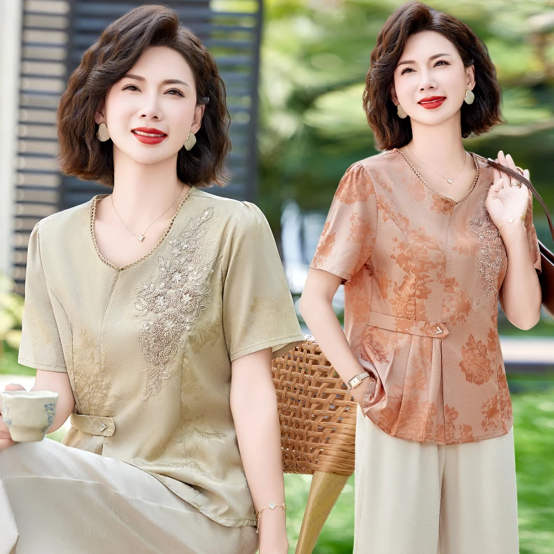 母亲节妈妈夏装套装2025新款阔太太新中式国风小衫中老年女两件套