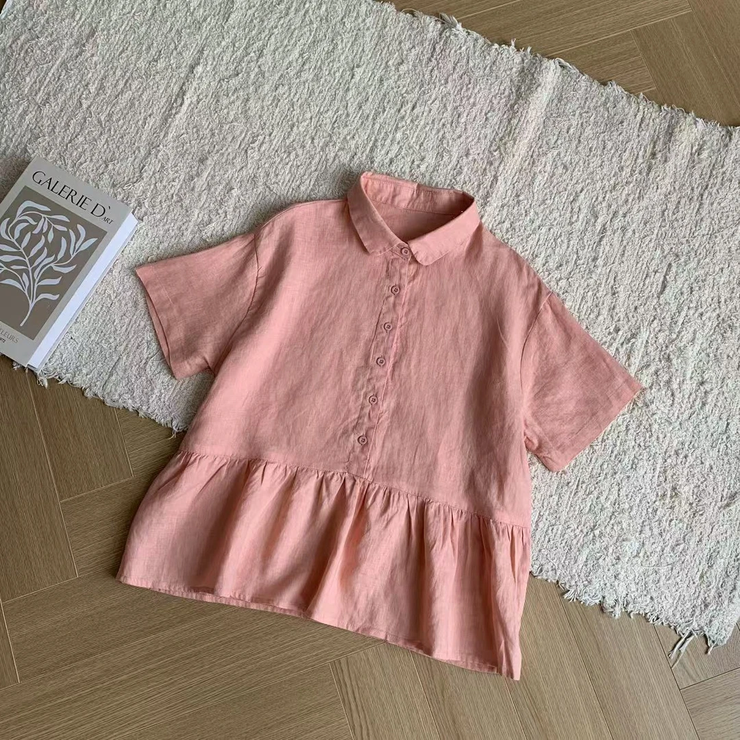 素心轻奢2025夏季新款文艺休闲简约纯亚麻娃娃领减龄衬衫上衣女