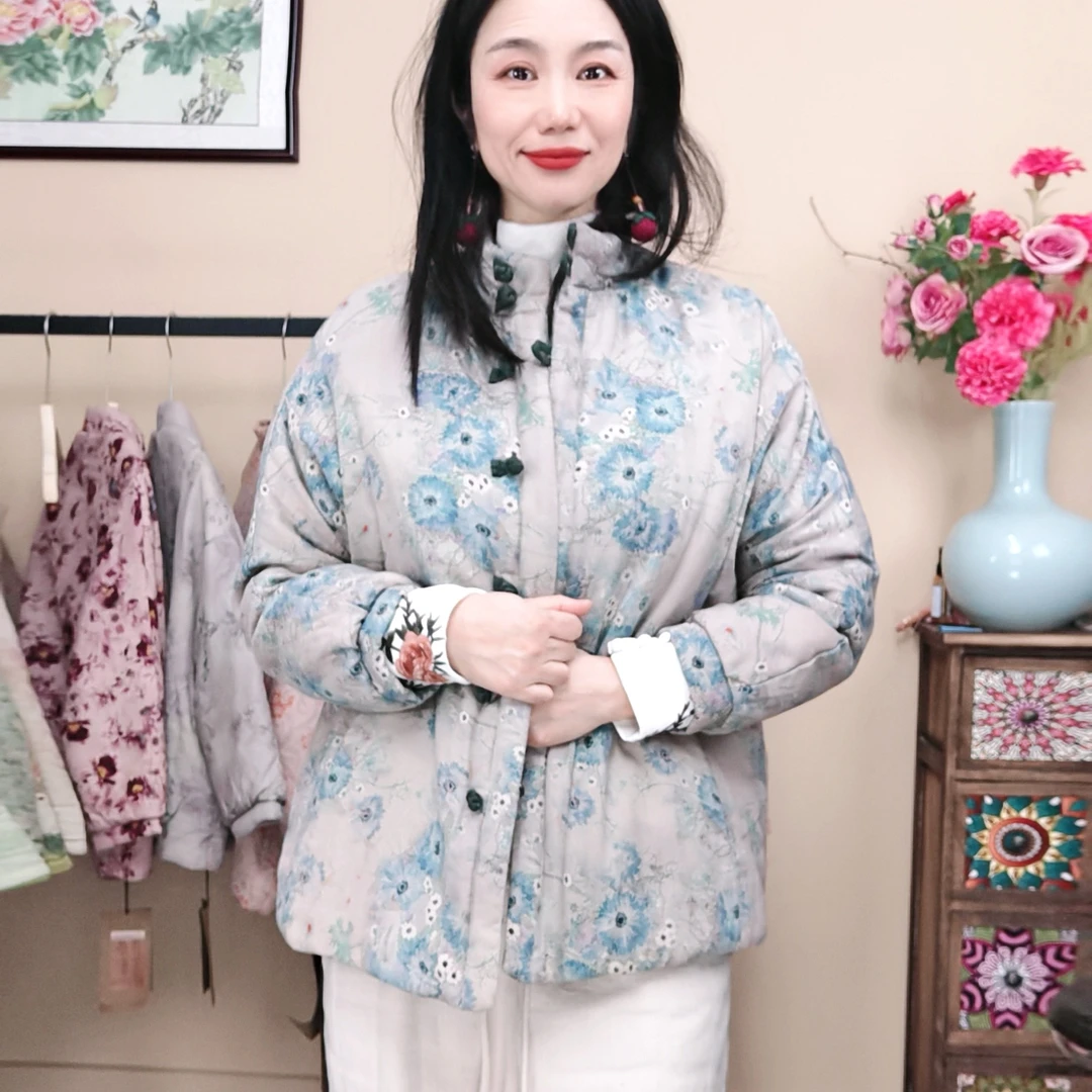 1939秋冬新款中式复古印花长袖棉服对襟盘扣加厚保暖纯棉厚款外套