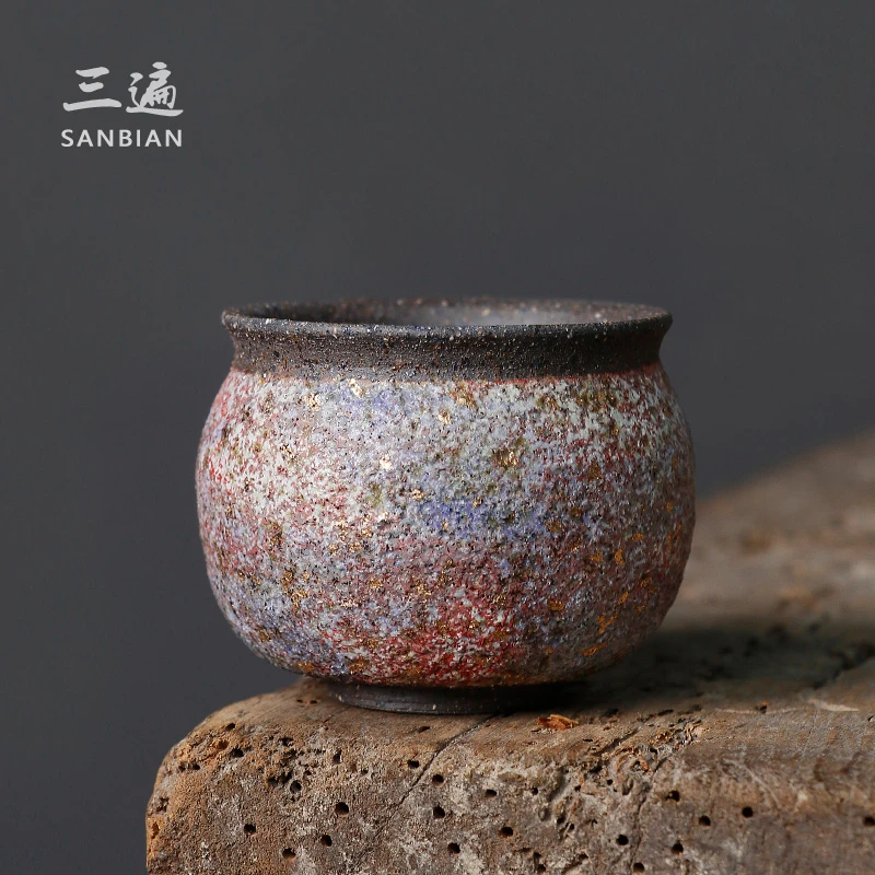 手工岩矿茶杯钱袋主人杯柴烧陶瓷品茗杯高越原创a002