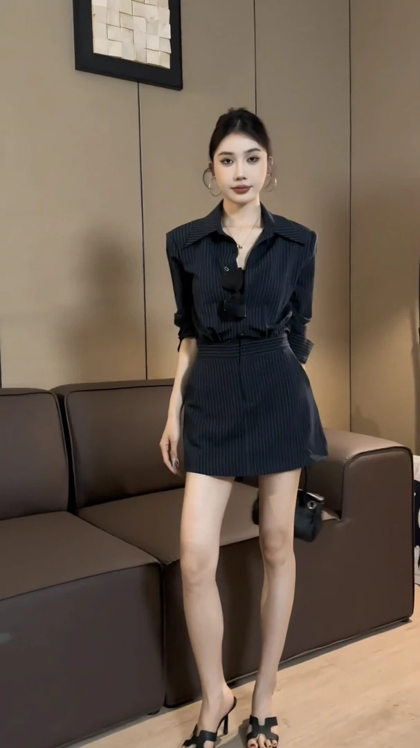 条纹长袖衬衫连衣裙女装收腰衬衣裙子复古气质Polo领短裙