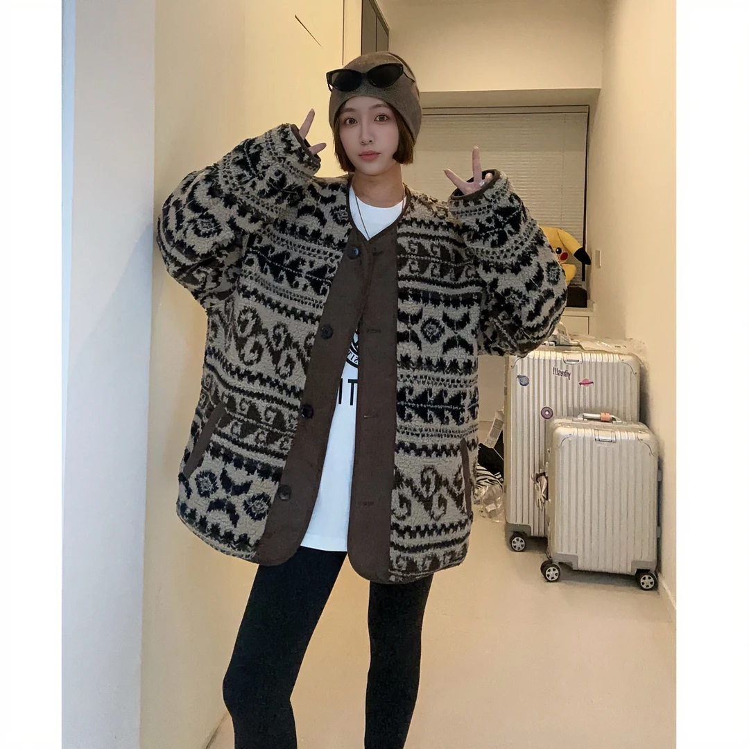 美式腰果花羊羔毛复古拼接加厚棉服外套 中长款