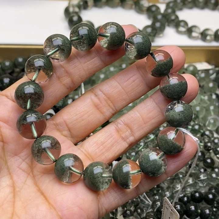 未镶嵌水晶手链J1214333天然绿幽灵聚宝盆12+