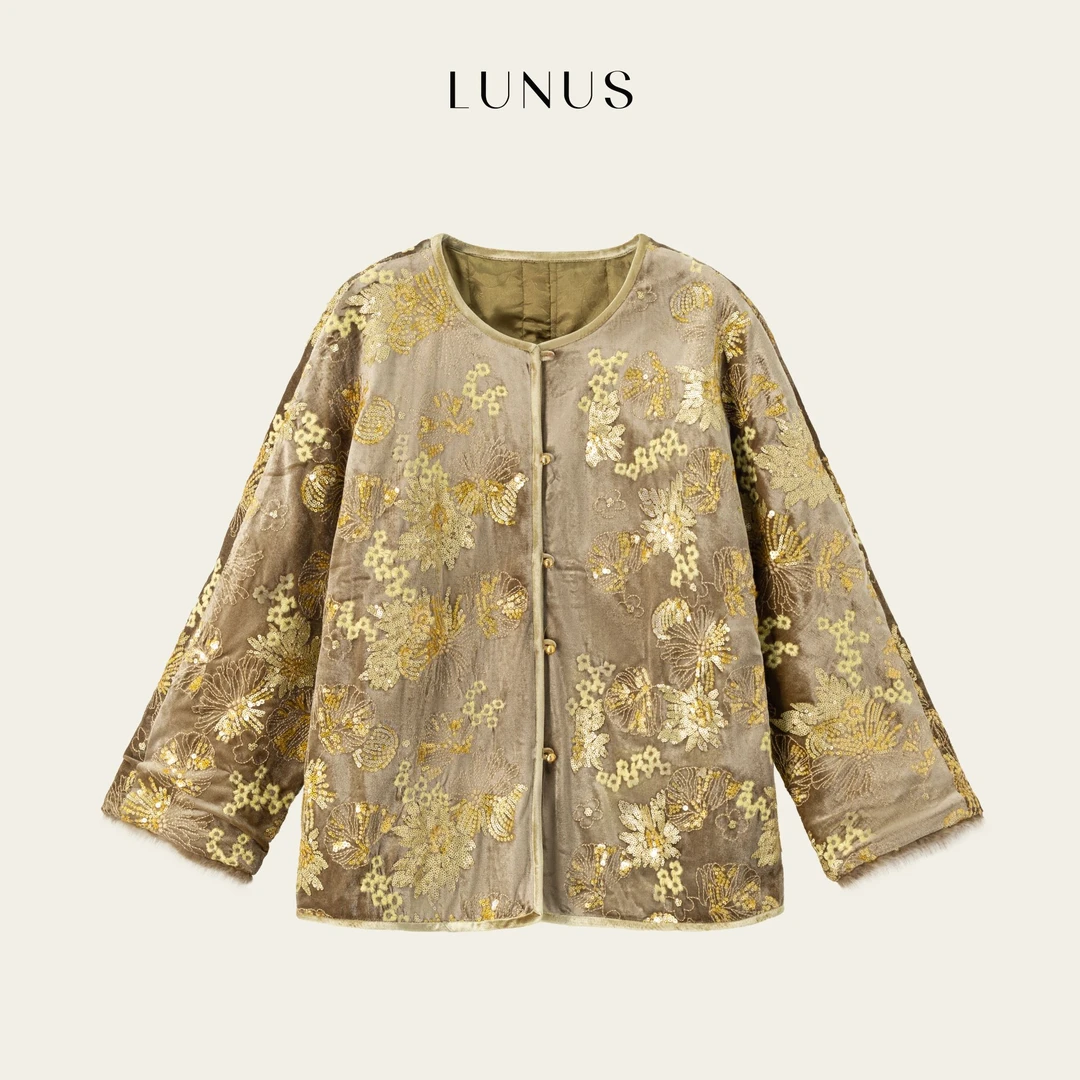 LUNUS「」新中式刺绣提花亮片丝绒对襟雅致棉服外套秋冬女