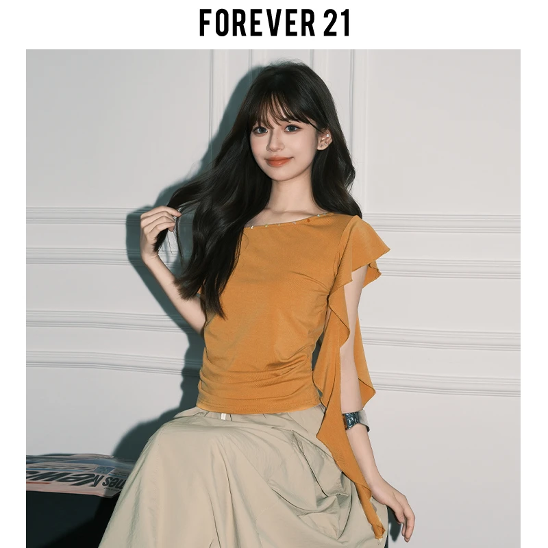 Forever21法式黄色斜肩T恤小衫女夏季度假风独特飘带修身短袖上衣