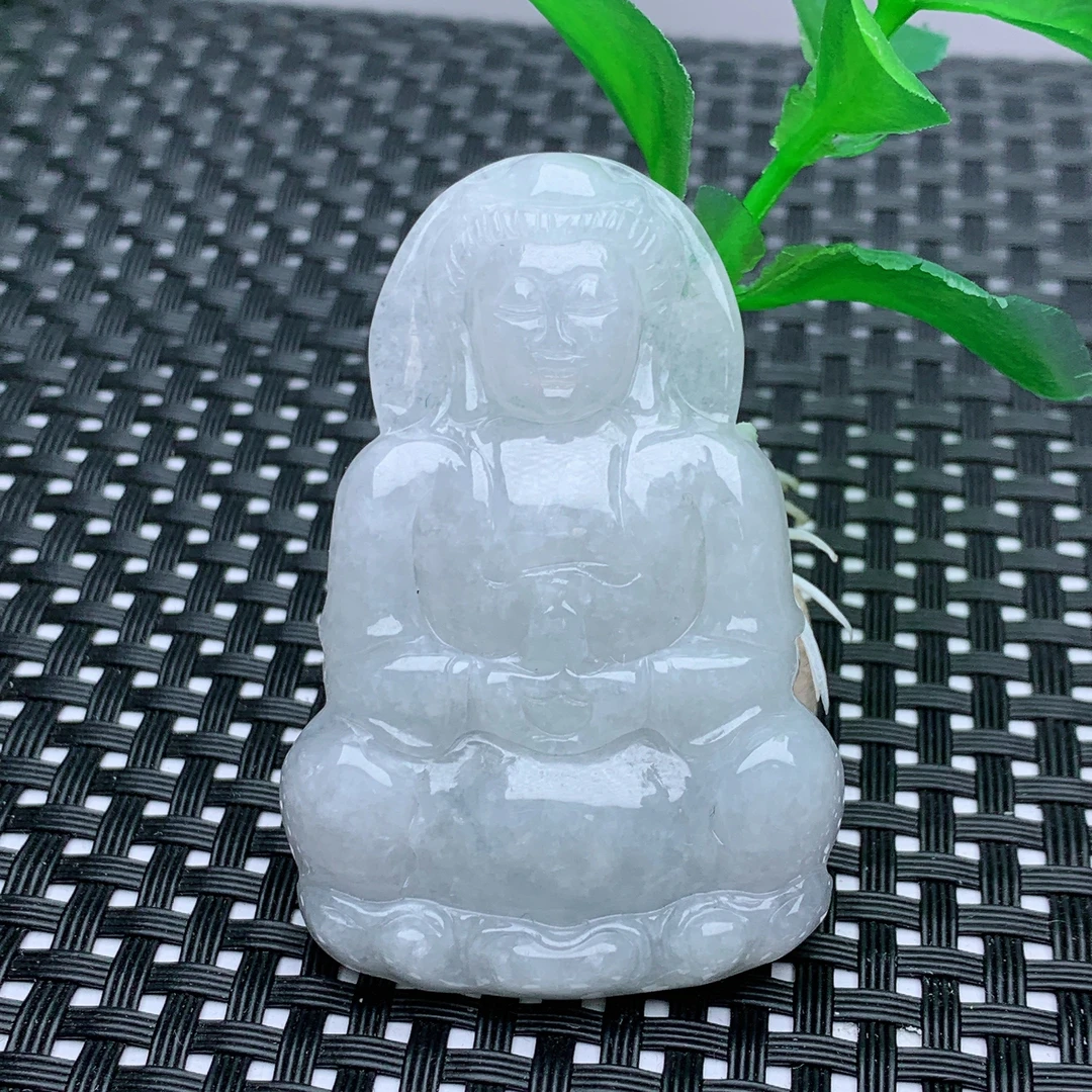 缅甸天然A货翡翠白色冰透正装观音菩萨吊坠精雕守护神挂件带证书