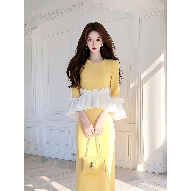 2025春季新款女法式气质设计感拼色褶皱上衣时尚高腰显瘦半身裙