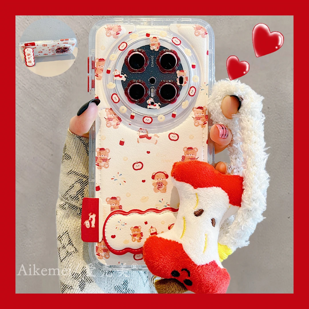 适用华为mate70pro+手机壳皮质烟花mate60pro+耳机小熊折叠支架女