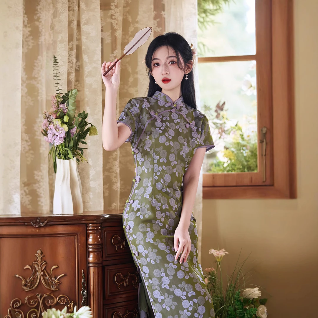 夏露2025年夏新款日常国风中修身气质提花丝绸改良旗袍连衣裙