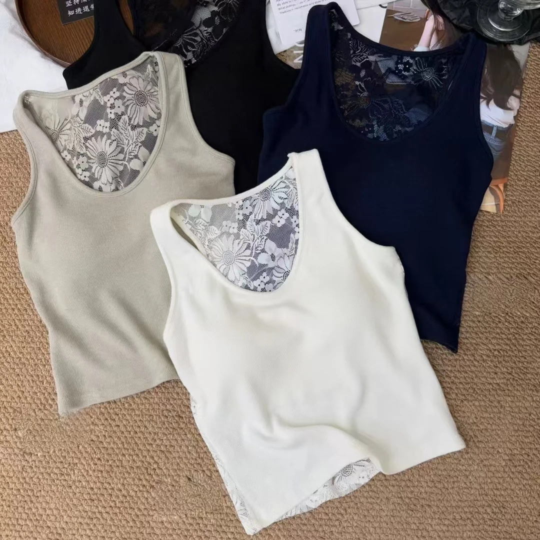 早秋新款打底气质后背蕾丝镂空背心一体式带胸垫性感显瘦美背