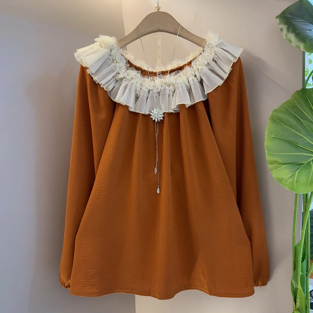 轻熟风拼接常规款常规蕾丝打底衫长袖春秋韩版荷叶边秋季衬衫