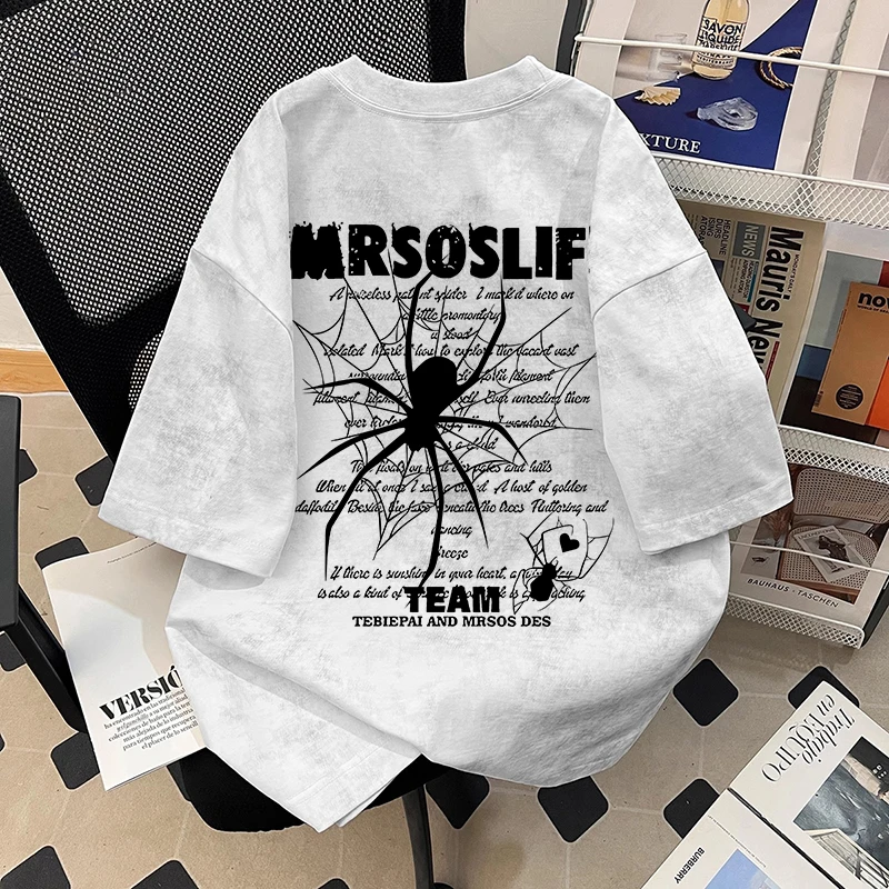 扎染圆领短袖t恤男女时尚蜘蛛印花oversize宽松休闲学生百搭上衣