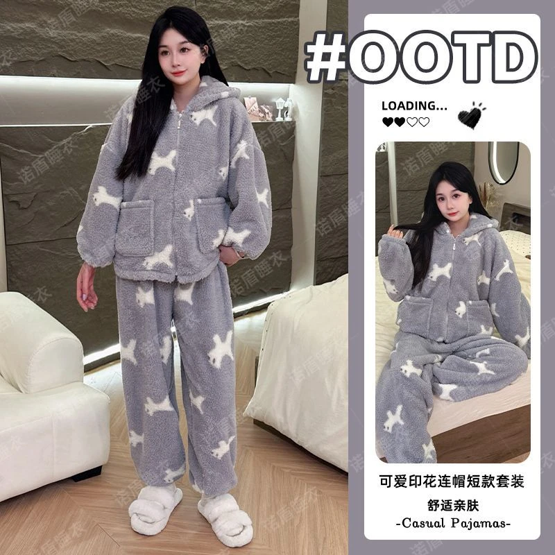 冬季半边绒睡衣女士连帽加绒加厚保暖珊瑚绒宽松家居服套装可外穿