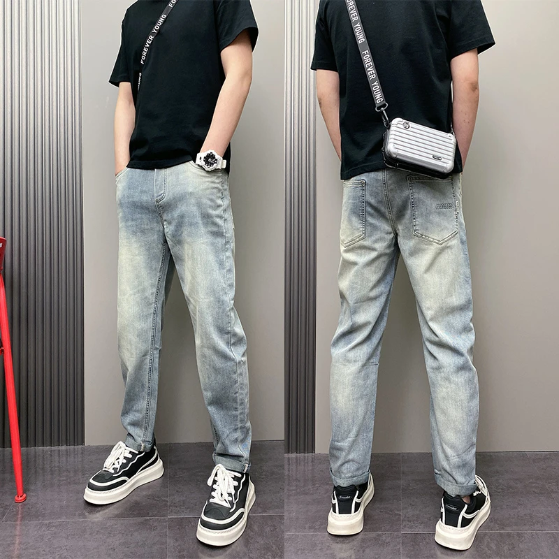 春夏季潮流韩版痞帅水洗蓝色休闲青年男士磨白原创爆款ins牛仔裤