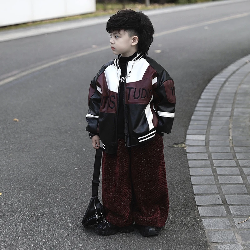 【现货】Jimmy妈童装 软质铠甲冬季儿童拼色机车风酷飒拼接皮衣外套