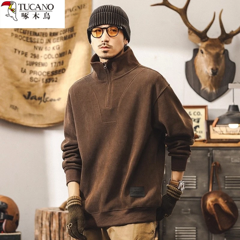 啄木鸟美式复古雪尼尔重磅半高领加绒卫衣男秋冬款条绒宽松外套男