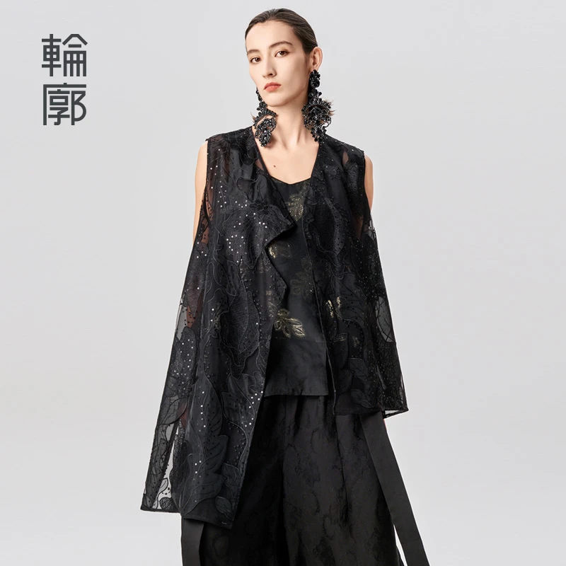 轮廓芍药重工新中式网纱绣花马甲复古时尚宽松百搭马夹L242Y006