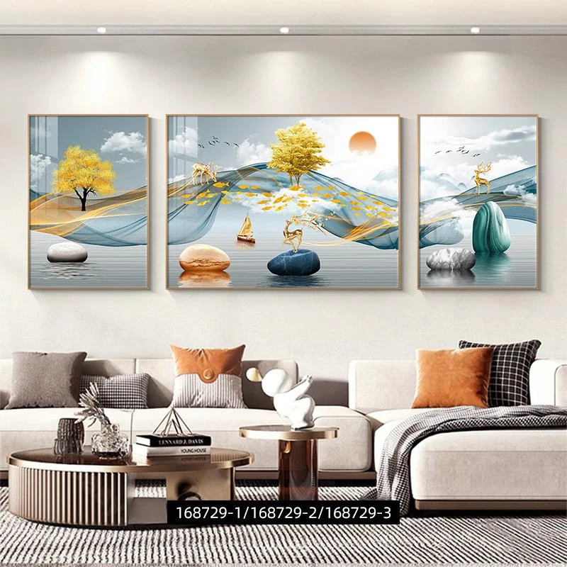 轻奢客厅装饰画高级感简约三联沙发背景墙挂画大气抽象墙上壁画