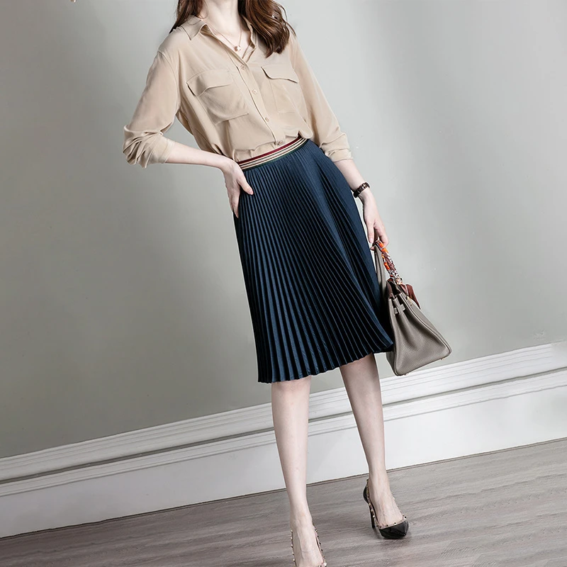 高腰百褶裙中长款气质优雅A字伞裙遮胯黑色半身裙0469