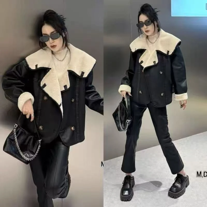 2025欧货爆版皮毛一体时尚加厚拼接机车服短外套1098