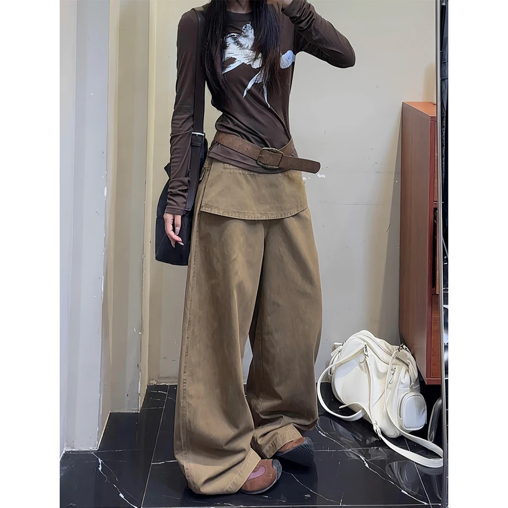 美式复古卡其色屁帘工装裤女2025秋季新款街头辣妹风假两件长裤子