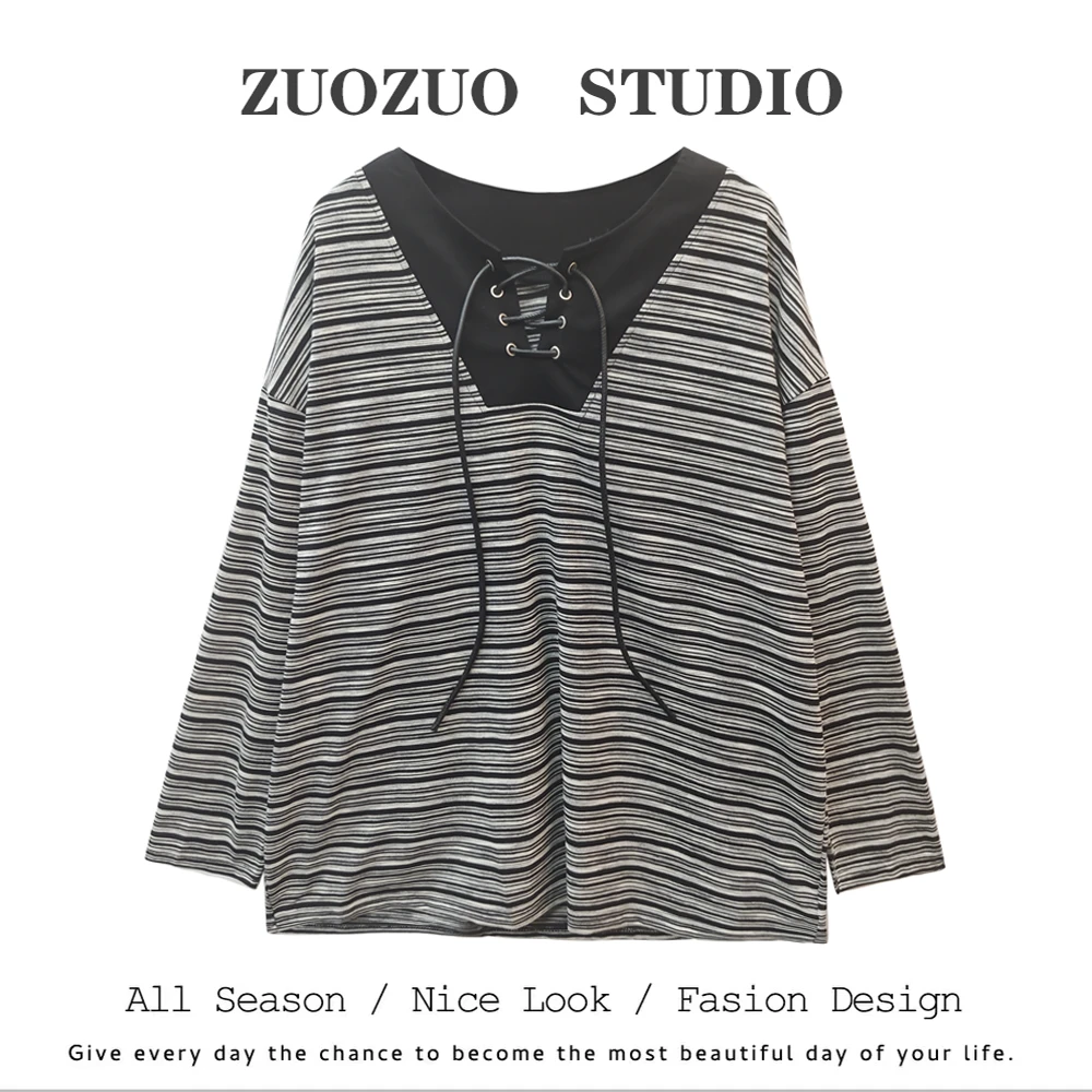 【ZUOZUO】春夏新款设计师款黑白条纹长袖T恤62032