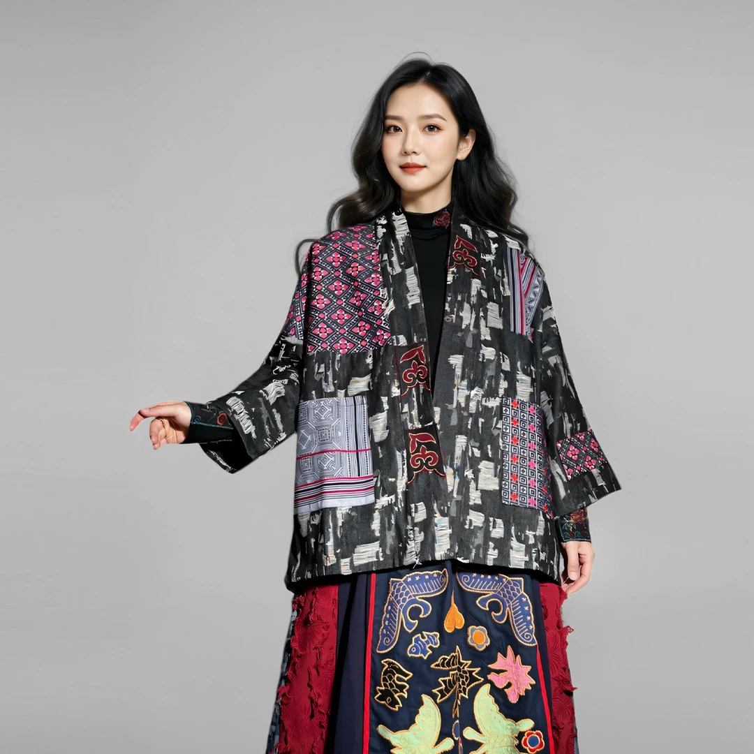 原创国风民族风撞色条纹拼接重工刺绣气质V领对襟外套上衣女