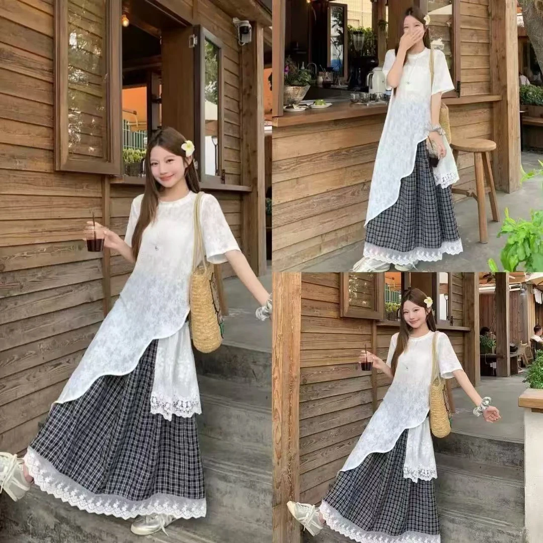 《雨桐精选6.18》侧边网纱拼接长裙套装-1250