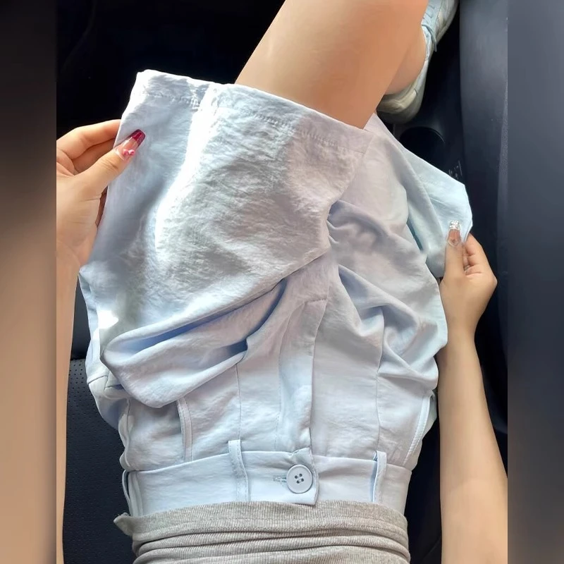 蓝色奶芙西装短裤女夏2025新款小个子高腰垂感显瘦山本阔腿五分裤