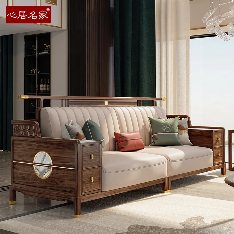 新中式官帽实木沙发乌金木直排真皮【佛山新中式家具工厂】