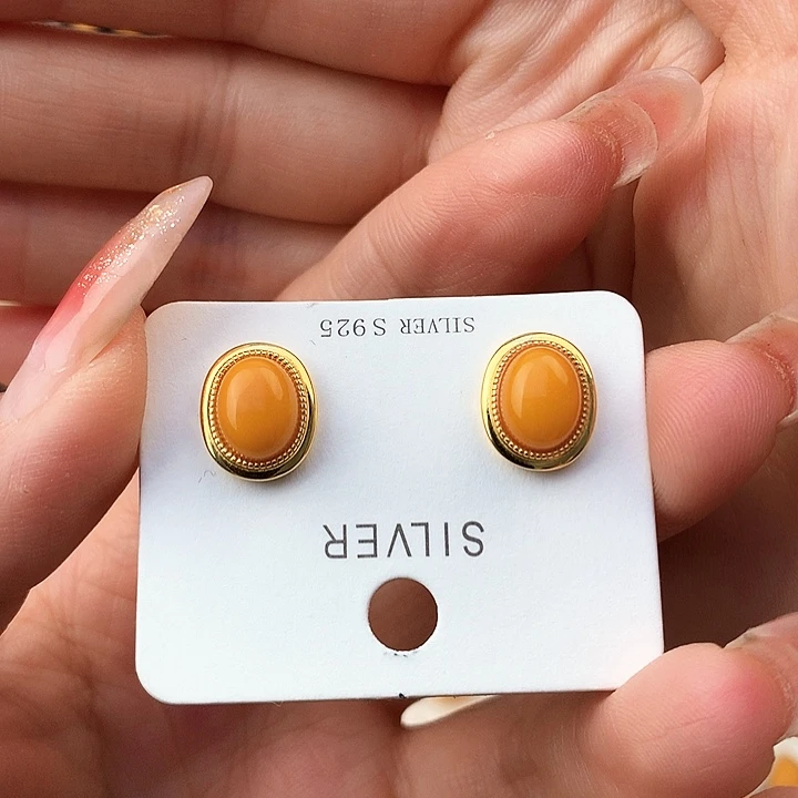 蜜蜡耳饰银S925镶嵌耳饰