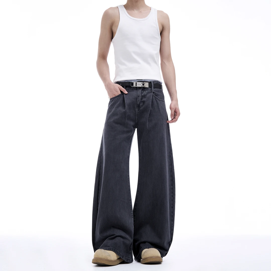 MKSN美式cleanfit简约百搭弯刀牛仔裤男女廓形宽松显瘦阔腿裤Z001