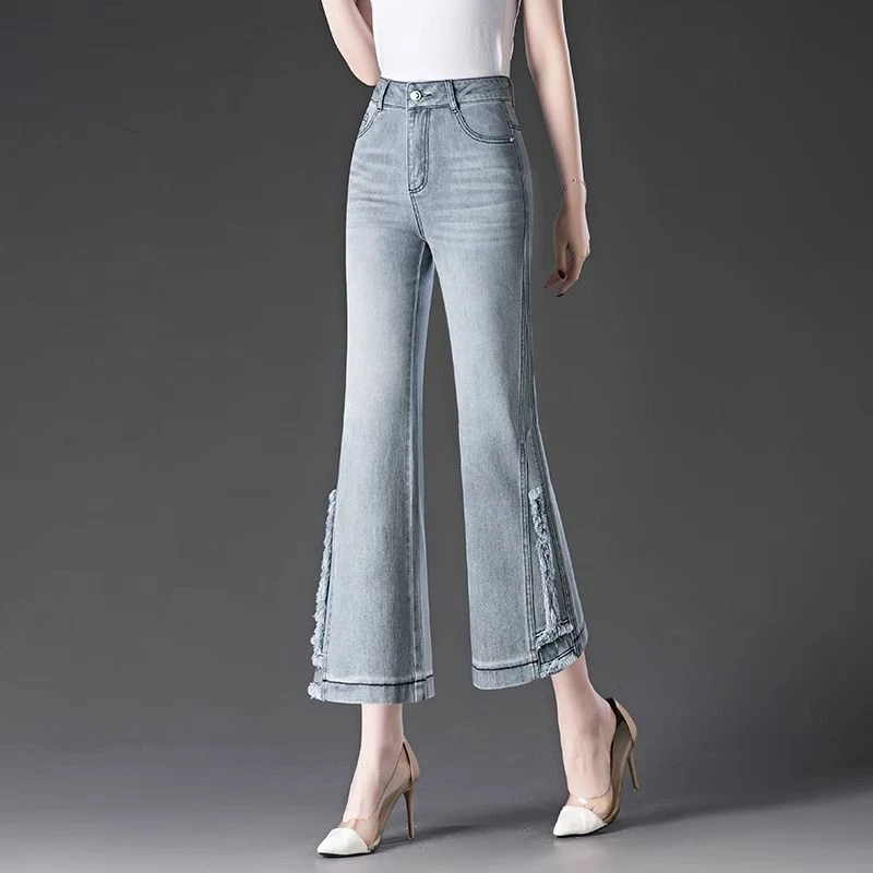 烟灰色微喇牛仔裤女2025年新款夏季薄款小个子九分喇叭裤八分裤子