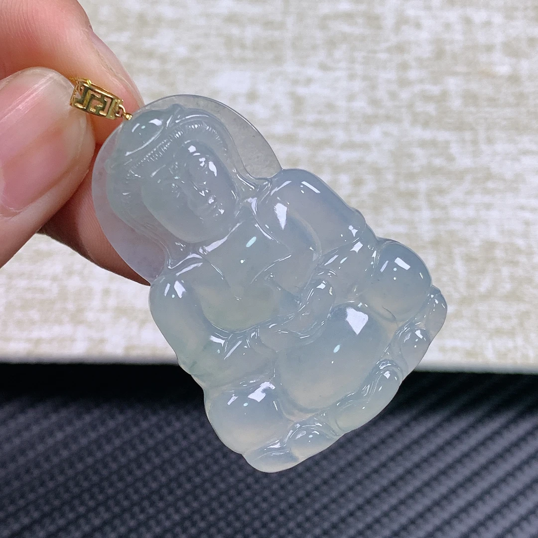 缅甸天然A货翡翠镶嵌18k金冰种胶润观音菩萨吊坠52.8x32.5x5.9