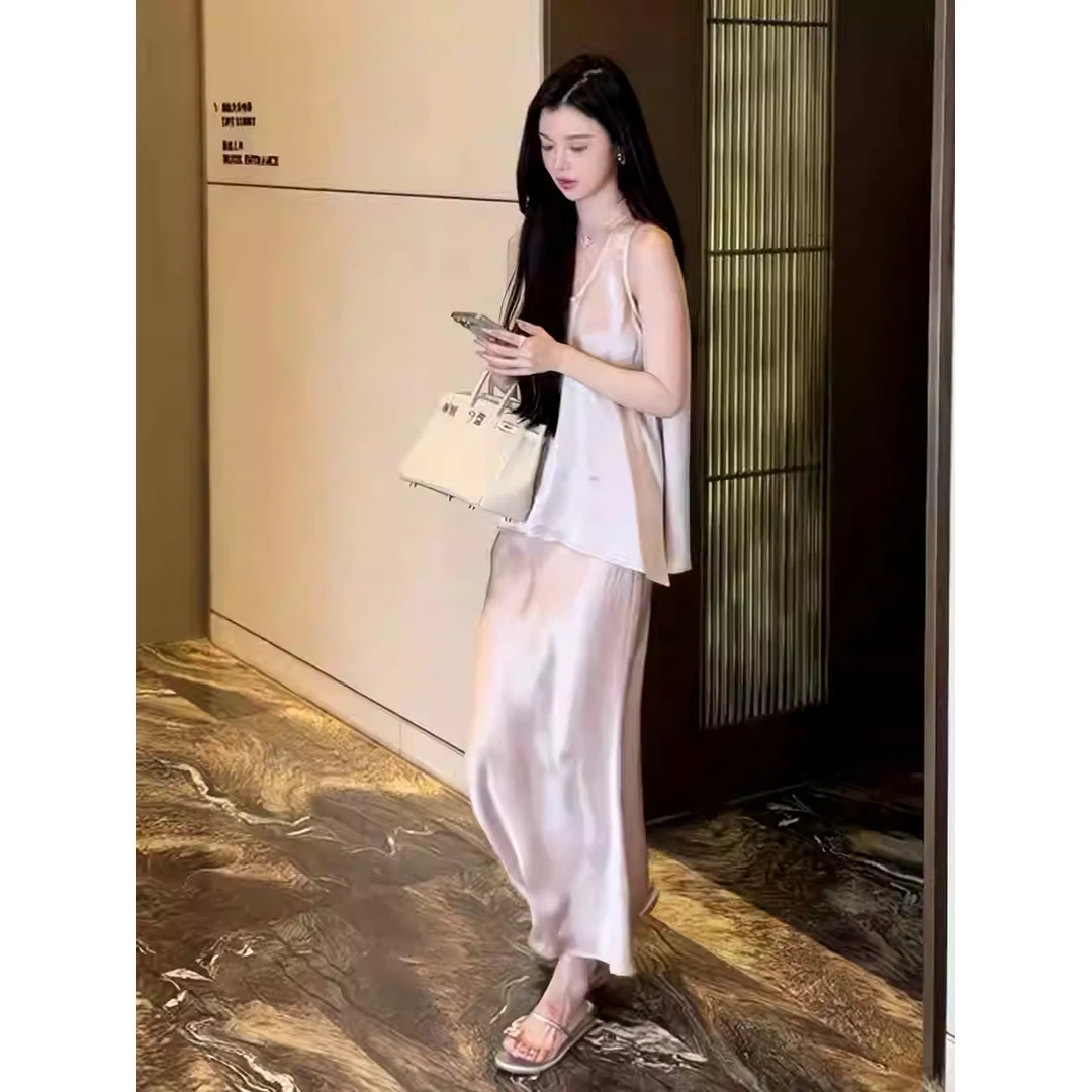 醋酸粉色无袖背心女夏季半身裙套装2025新款休闲宽松慵懒松弛感