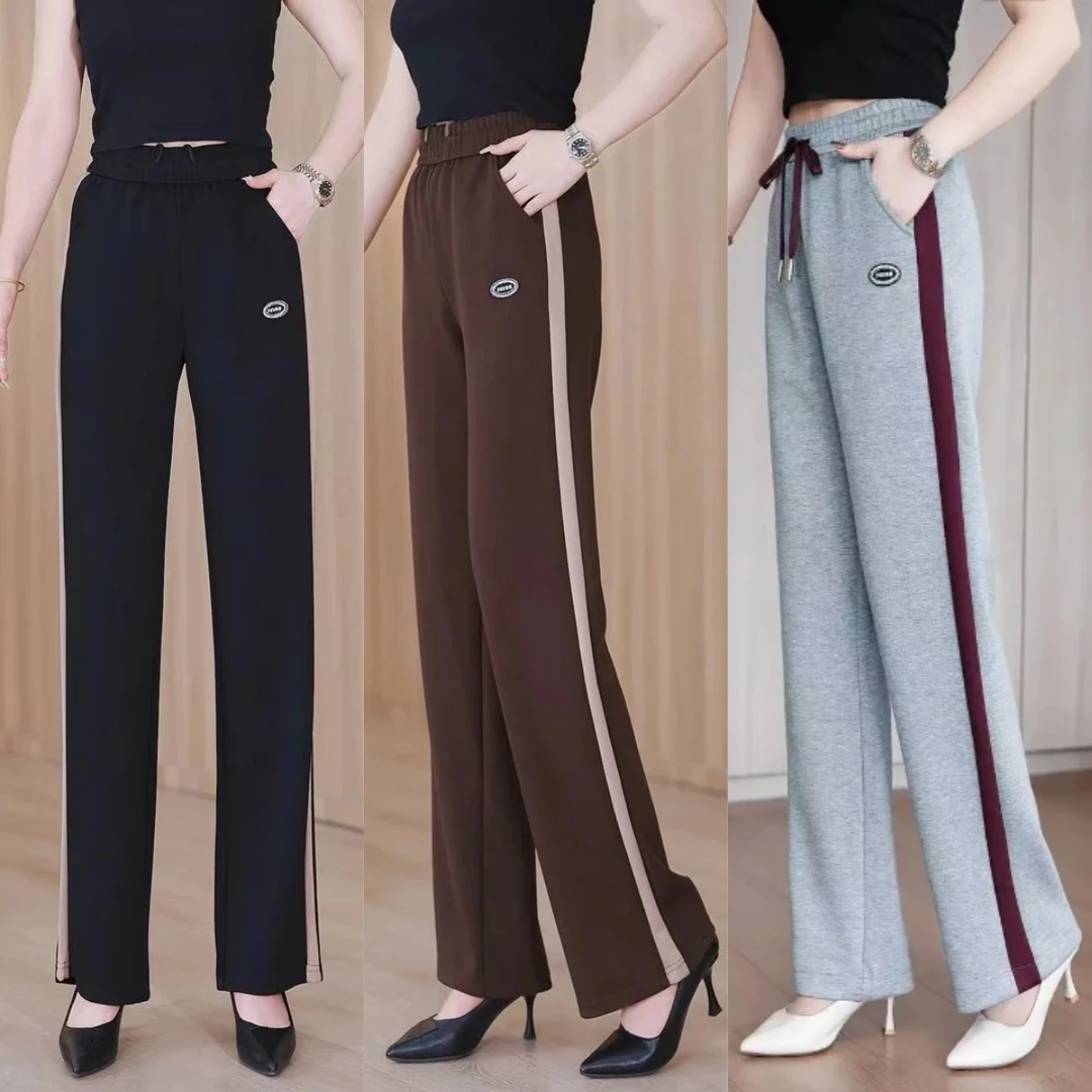 秋冬高腰显瘦百搭休闲长裤时尚垂感阔腿裤女直筒裤宽松条纹运动裤