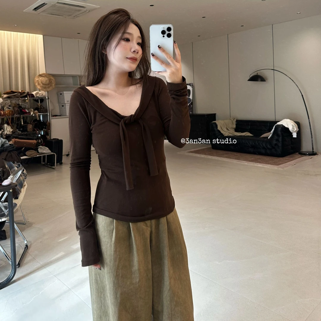 3AN3AN【秋日晚枫】咖色长袖上衣飘带显瘦针织打底衫一字肩3AND149